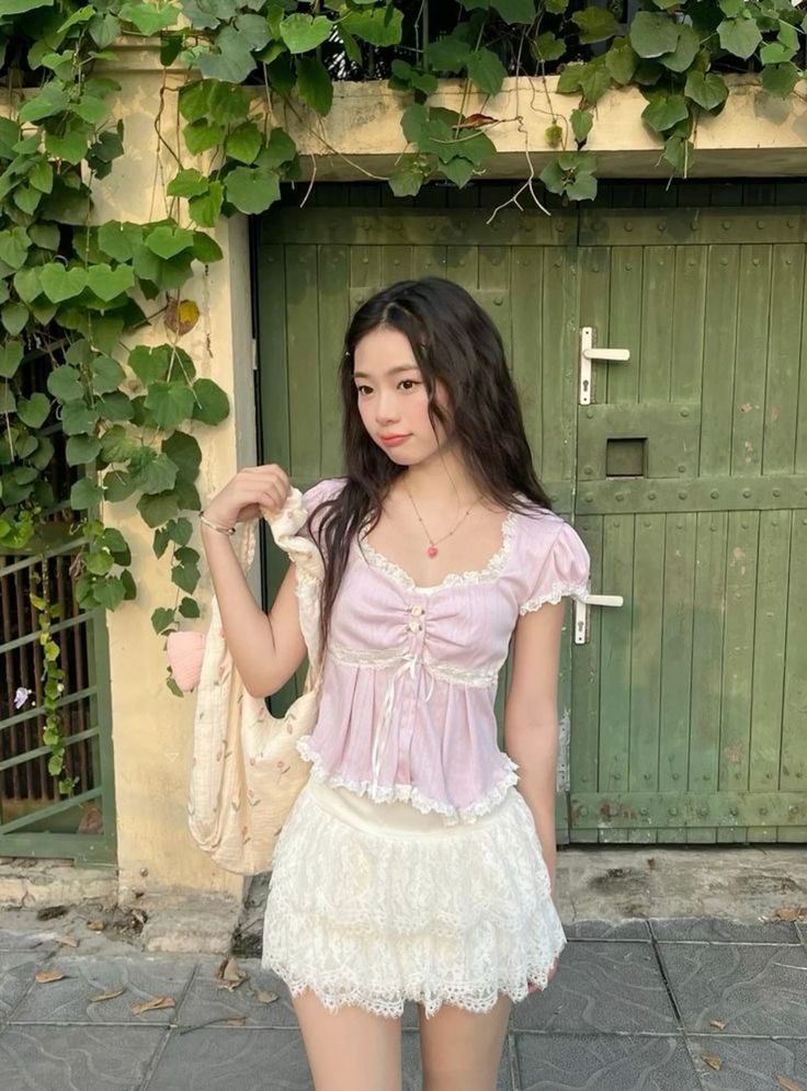 Pink Top with White Lace Skirt